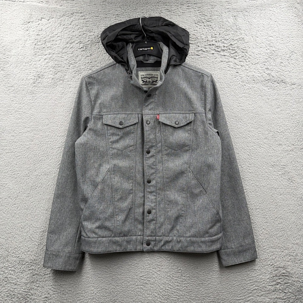 Levis Jacket Mens Medium Gray Softshell Fleece Full Zip Trucker Hooded 8206
